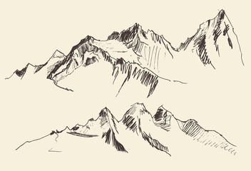 Mountains contours of the mountains engraving vector illustration hand drawn sketch