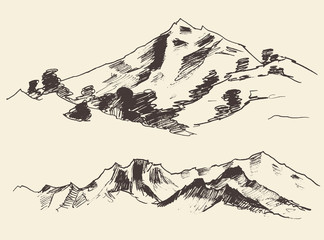 Mountains contours of the mountains engraving vector illustration hand drawn sketch