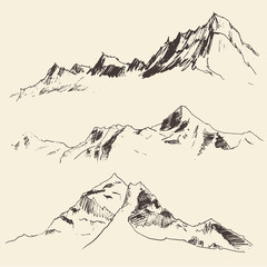Mountains contours of the mountains engraving vector illustration hand drawn sketch