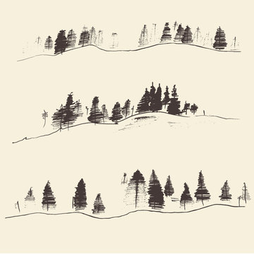Mountains with fir forest contours of the mountains engraving vector illustration hand drawn sketch