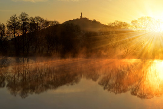 Sunrise over the pond. Nepomuk - Czech Republic