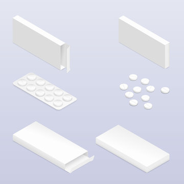 Tablets In Blister And Packaging Detailed Isometric Icon Set