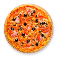 Delicious pizza with salami, mushrooms and olives