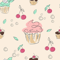 seamless pattern, cherries, mint and  cupcakes