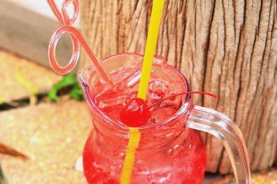 Red beverage strawberry soda.
