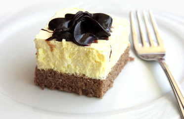 piece of biscuit cake with chocolate on white plate
