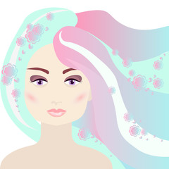 Abstract woman's face with makeup. Turquoise with pink long hair on a white background