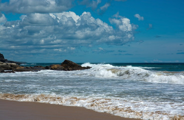 Fototapeta na wymiar Beautiful waves on paradise beach in Southern Province, Sri Lanka, Asia in December.