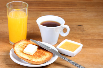european served breakfast: coffee, toasts with butter, jam and orange juice
