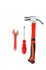 Worker set of hammer, screw, spanner isolated on white.