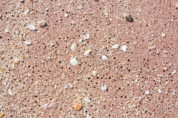 Red heavy mineral sand texture with crabholes in Southern Province, Sri Lanka, Asia.