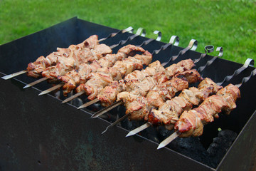 Barbecue meat on skewers