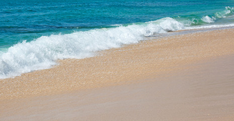 Fototapeta na wymiar Green wave whith white seafoam closeup on sandy paradise beach, Sri Lanka, Asia.