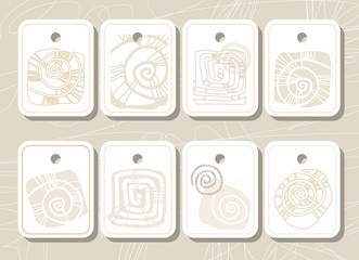 Tags, labels, sea shell, sea, colored contour. 