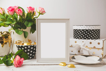 Picture frame poster template mock up with glamour and elegant feminine objects