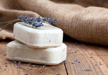 lavender handmade soap bars, on wooden background
