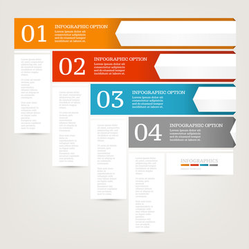 Infographics design template. Business concept with four options. Red, Blue, Orange, Grey colors. Vector illustration.