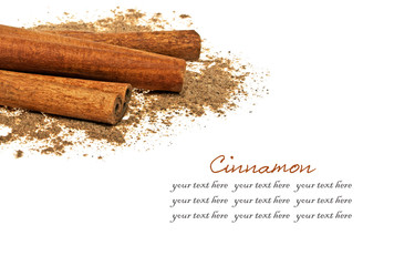 Cinnamon sticks and powder on white background