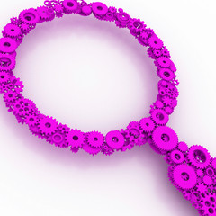 Magnifier of gears. The search icon. 3D.