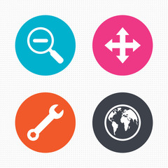 Magnifier glass and globe signs. Fullscreen.