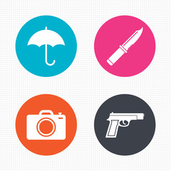 Gun weapon. Knife, umbrella and photo camera.