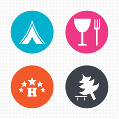 Food, hotel, camping tent and tree signs.