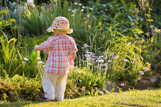 little nice girl in the hat watering flowers in the summer garden