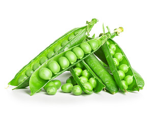 Fresh green peas pods isolated on white background