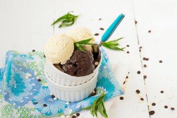 Vanilla and chocolate ice cream on a white background