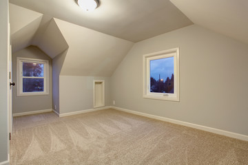 Large bedroom with carpet.