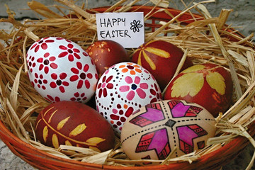 Easter eggs colored with onion peel and painted