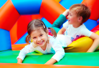 happy kids having fun on playground in kindergarten - 85482735