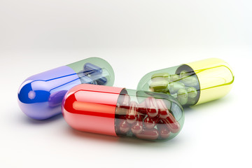 Dietary supplements. Variety pills. Vitamin capsules. 3d