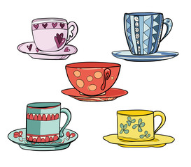 Set of beautiful multi colored bright cups with saucers