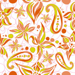 Bright green brown simple pattern with swirls and flowers