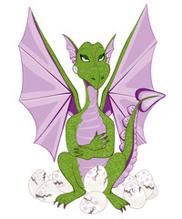 Obraz premium Mother dragon with purple wings sitting on eggs