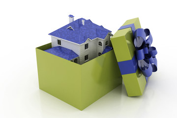 The house is in a gift box. Ribbon and bow on the box. 3D.