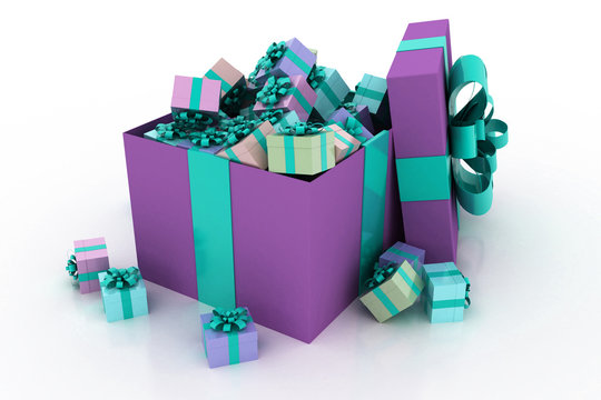 A lot of gifts. Ribbon and bow on the box. 3D.