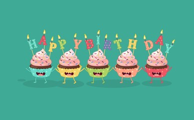 Greeting card Happy Birthday. Cupcakes with a candles. Comic characters. Vector cartoon. - 85485134