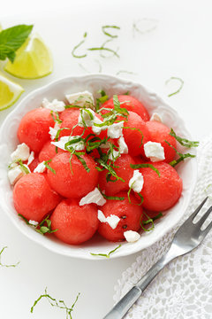Watermelon salad with feta cheese and fresh mint