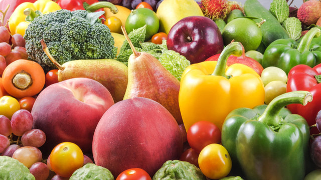 Large group of fresh fruits and vegetables for healthy
