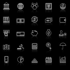 Banking line icons with reflect on black
