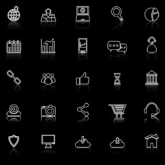 SEO line icons with reflect on black