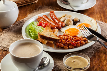 English breakfast with sausage