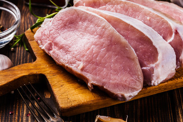 Raw pork slices on a chopping board