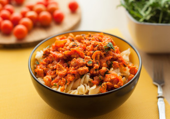 pasta bolognese tomato beef sauce on the kitchen table
