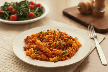 pasta bolognese tomato beef sauce on the kitchen table