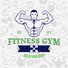 Fitness Gym Logo Template Over Fitness Icons Seamless Pattern