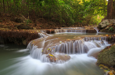 Deep forest waterfall at Erawan waterfall National Park Kanchanaburi Thailand