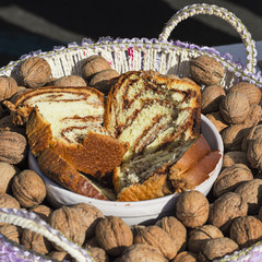 panettone slices in a basket of nuts